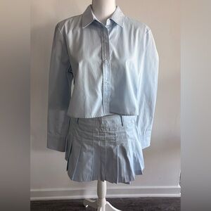 WAYF Light Blue Button-Up Crop Top and Pleated Mini Skirt Set